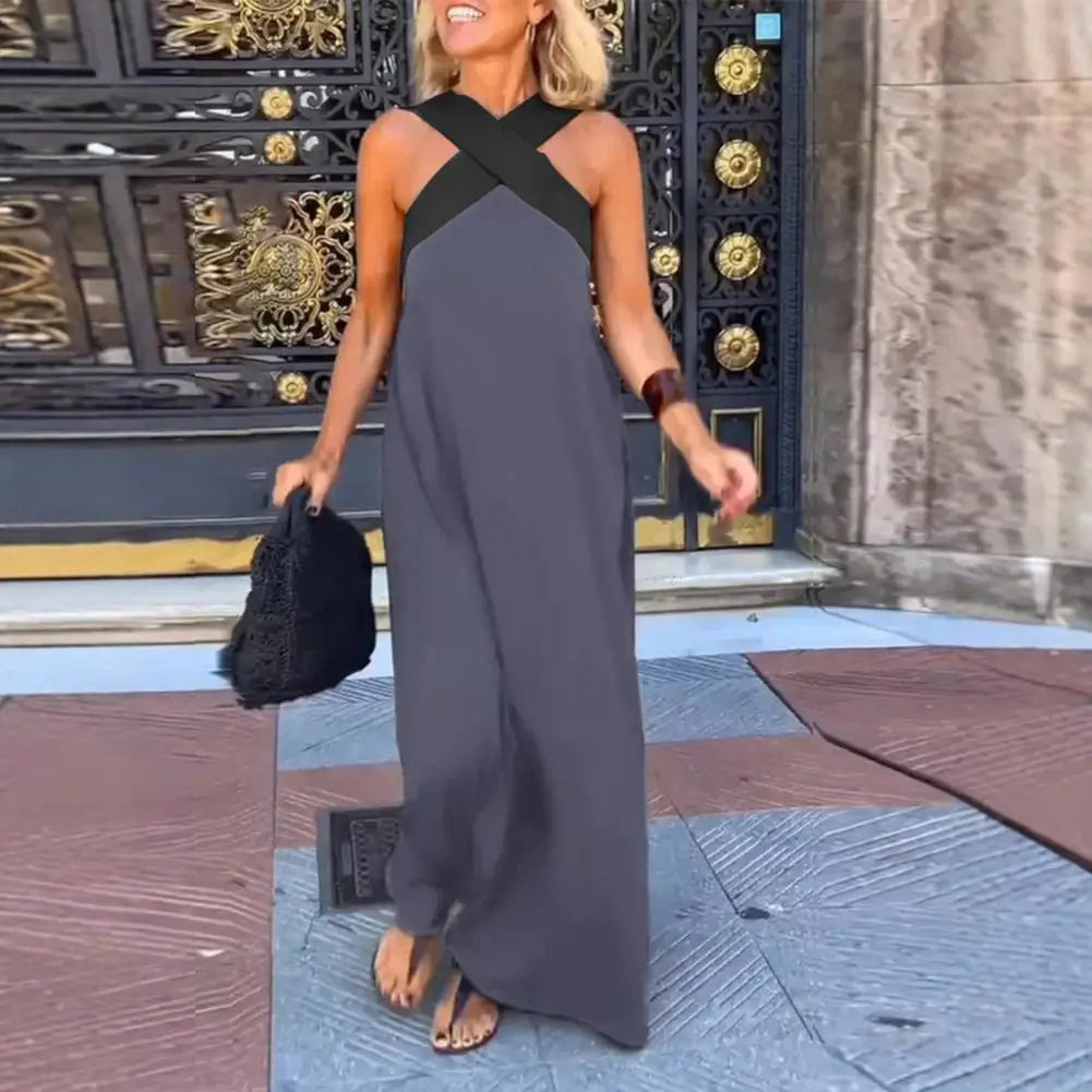 Women's maxi cross neck dress with open back, available in Black, White, Navy Blue and Gray