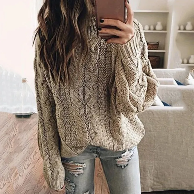 Women cable knit sweater off shoulder long sleeve relaxed fit