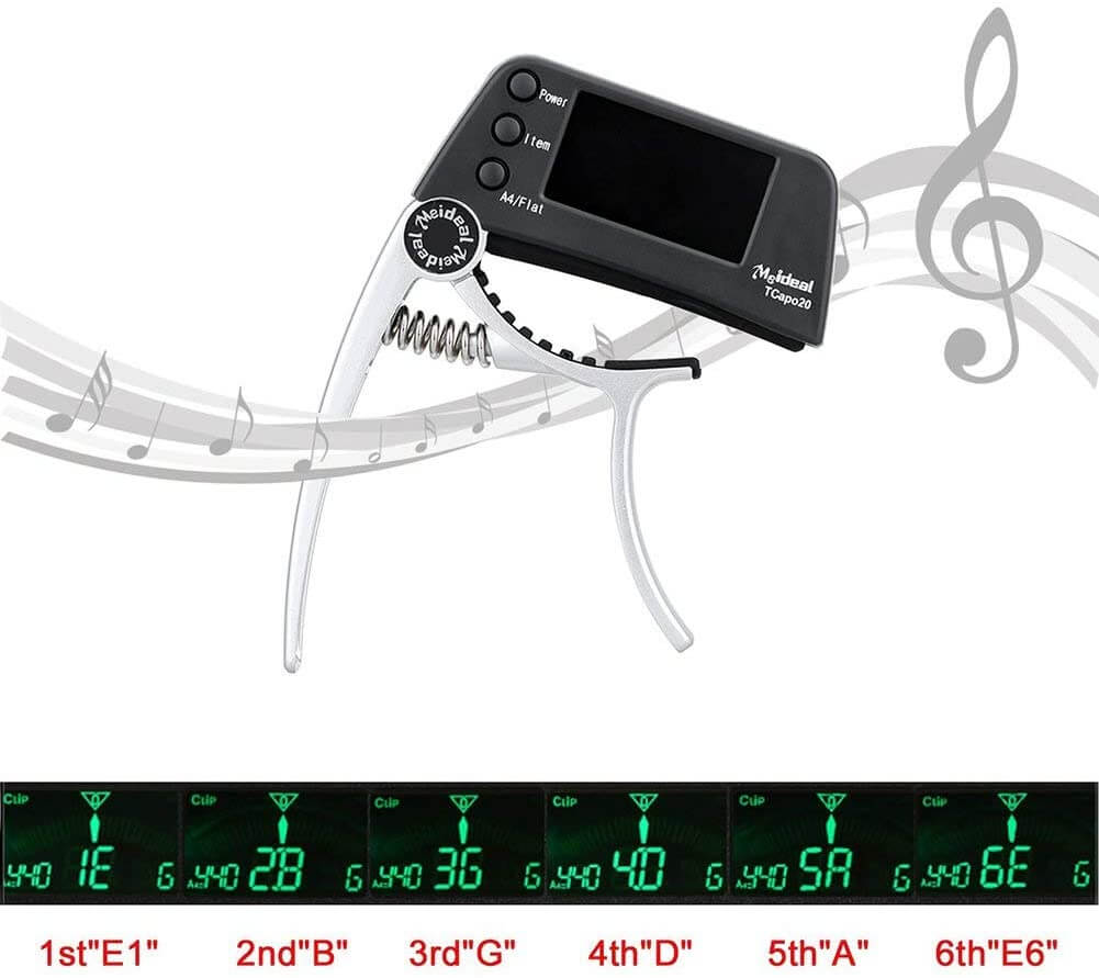 Guitar capo and tuner 2-in-1 clip-on with chromatic LCD display, aluminium alloy