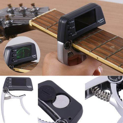 Guitar capo and tuner 2-in-1 clip-on with chromatic LCD display, aluminium alloy