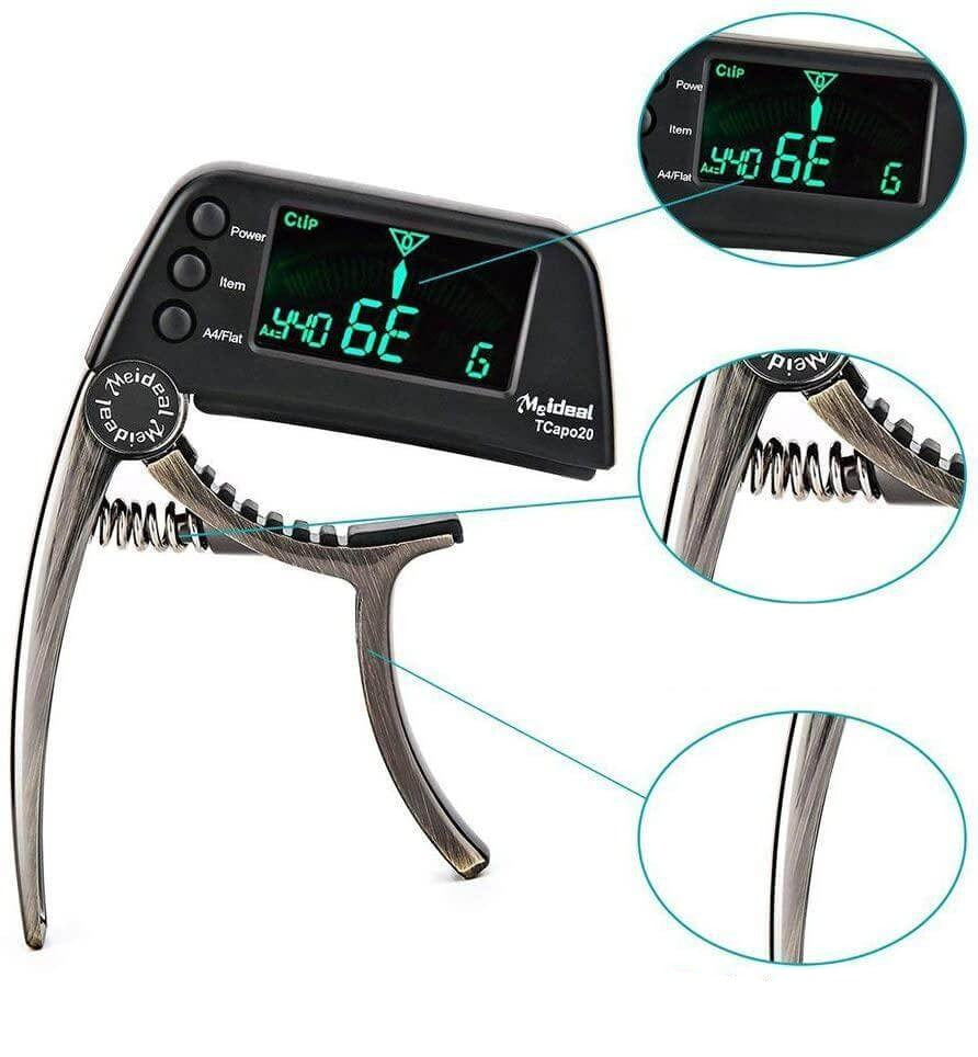 Guitar capo and tuner 2-in-1 clip-on with chromatic LCD display, aluminium alloy