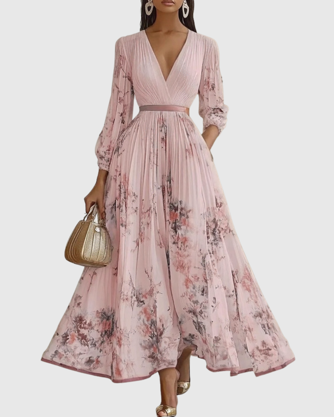 Women's sleeveless A-Line midi dress with floral print and belted waist