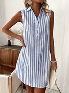 Women's sleeveless striped mini shirt dress in blue, button-front collar, summer