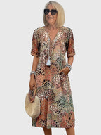 Women V-Neck A-Line Midi Dress with Pockets short sleeves casual