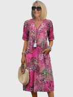 Women V-Neck A-Line Midi Dress with Pockets short sleeves casual