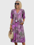 Women V-Neck A-Line Midi Dress with Pockets short sleeves casual