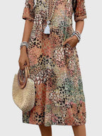 Women V-Neck A-Line Midi Dress with Pockets short sleeves casual