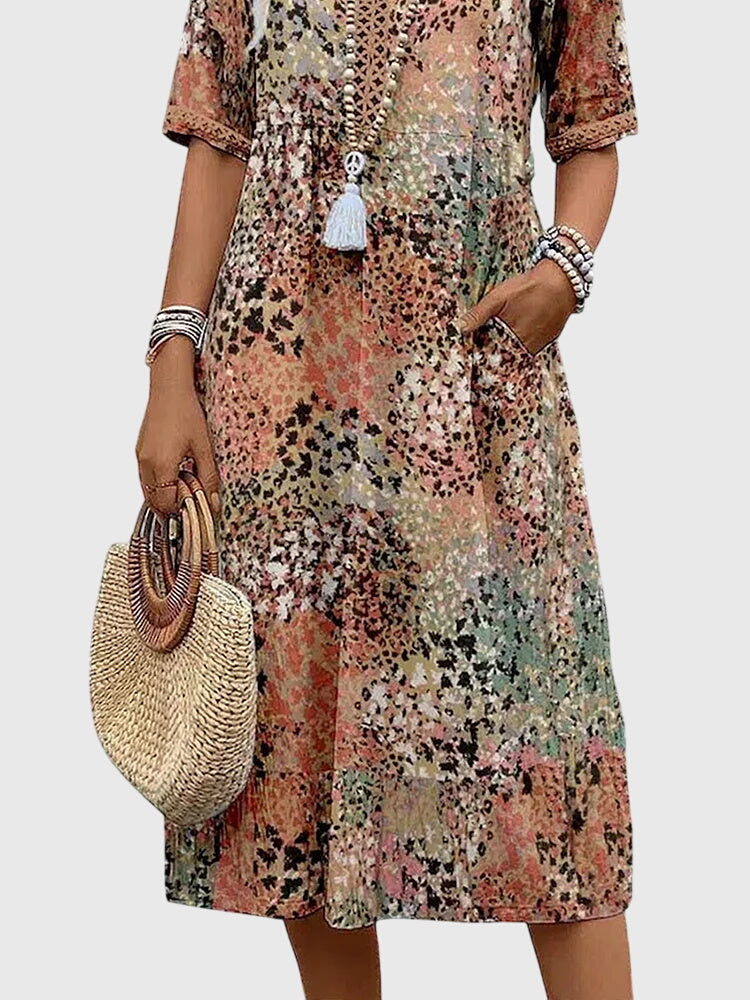 Women V-Neck A-Line Midi Dress with Pockets short sleeves casual