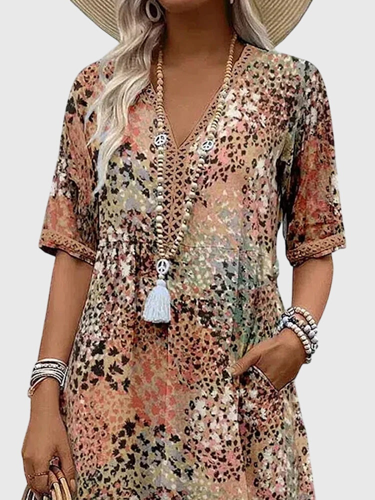 Women V-Neck A-Line Midi Dress with Pockets short sleeves casual