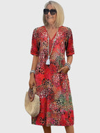 Women V-Neck A-Line Midi Dress with Pockets short sleeves casual