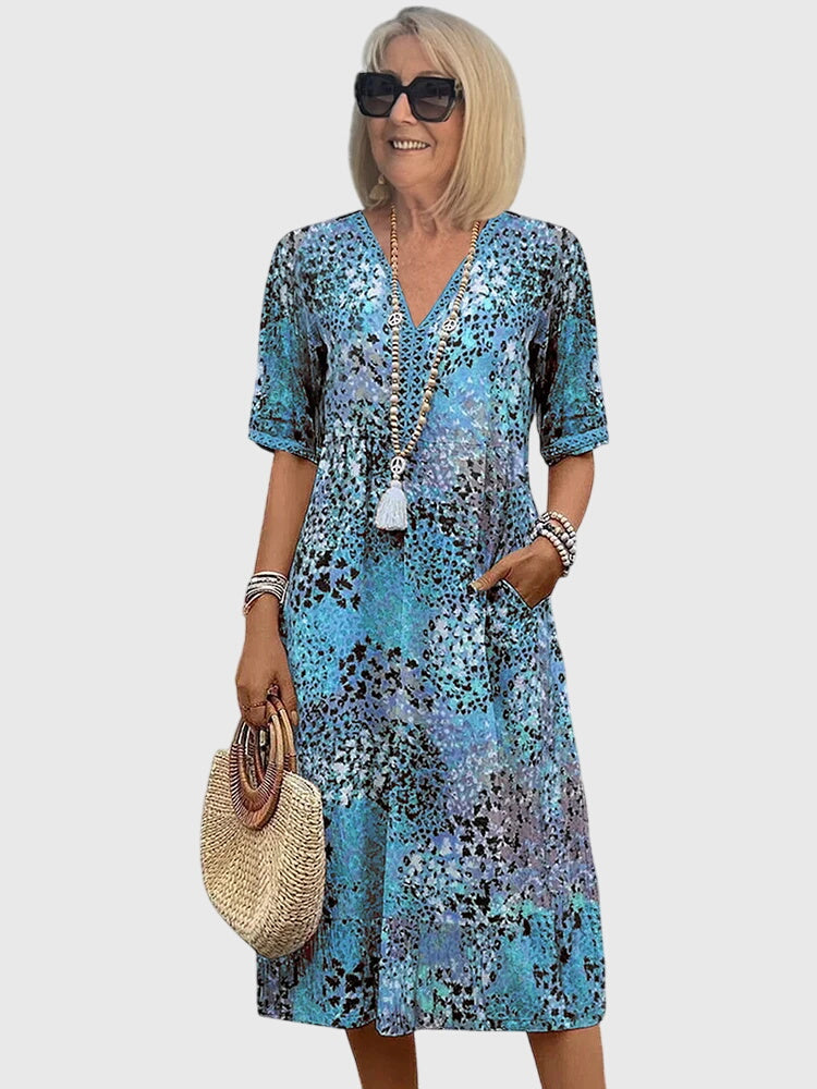 Women V-Neck A-Line Midi Dress with Pockets short sleeves casual