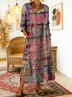 Women's denim dress with ethnic patchwork detail, loose fit boho summer style