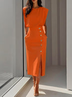 Women's structured midi dress with round neckline and button slit detail