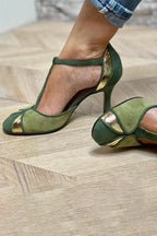 Women leather patchwork pumps slingback with orthopedic heel in green