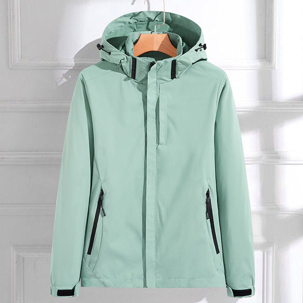 Women waterproof hooded rain jacket relaxed fit with zip pockets