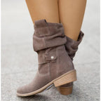 Women suede ankle boots low block heel slouch cuff side zip
