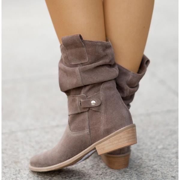 Women suede ankle boots low block heel slouch cuff side zip
