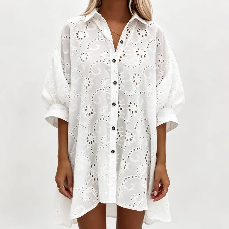 Embroidered button dress women's oversized fit, lightweight summer dress