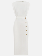 Women's structured midi dress with round neckline and button slit detail