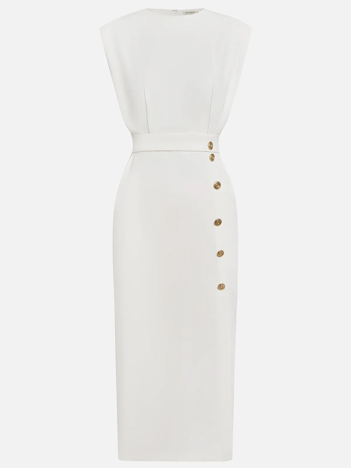 Women's structured midi dress with round neckline and button slit detail