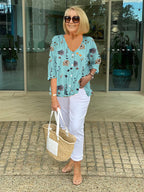 Women floral blouse V-neck three-quarter sleeves relaxed loose fit