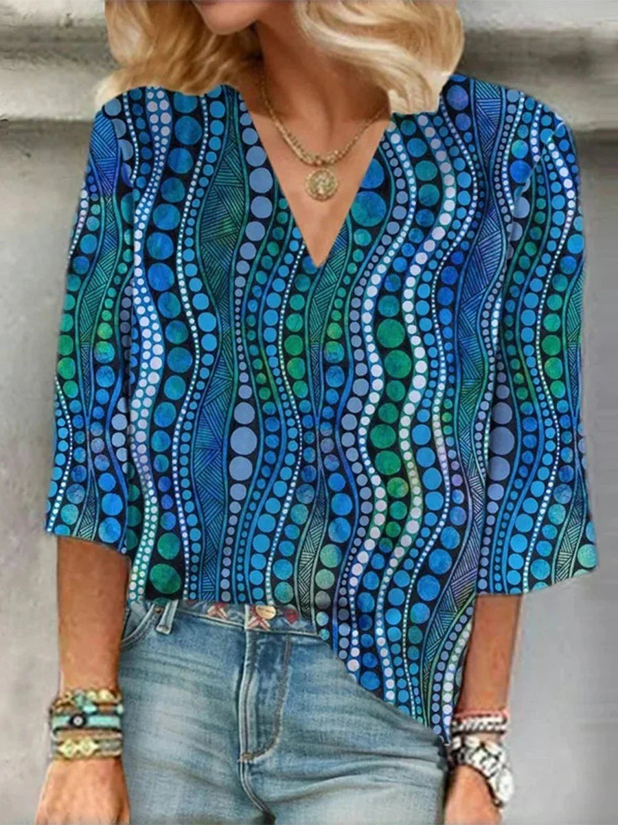Women polkadot blouse V-neck long sleeve relaxed fit abstract print