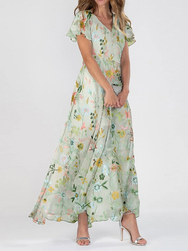 Women's green maxi floral dress with short sleeves, flowy spring summer style