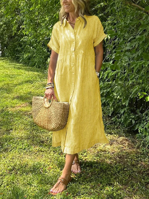 Women's striped shirt dress button-down casual with pockets, loose fit