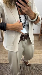 Women 2 Piece Blazer Tapered Trousers Set with single button and rolled sleeves