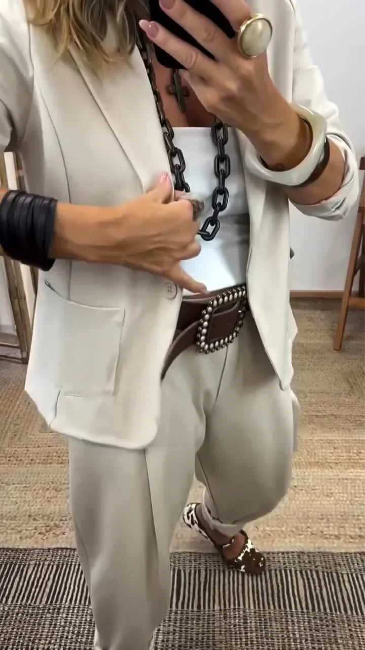 Women 2 Piece Blazer Tapered Trousers Set with single button and rolled sleeves
