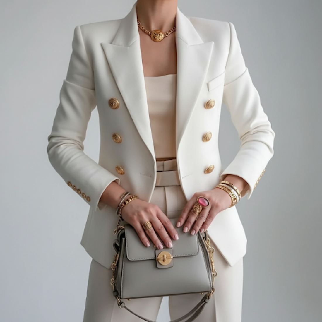 Women's double-breasted blazer with gold buttons and notch lapel, fitted silhouette