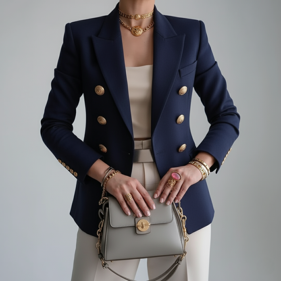 Women's double-breasted blazer with gold buttons and notch lapel, fitted silhouette