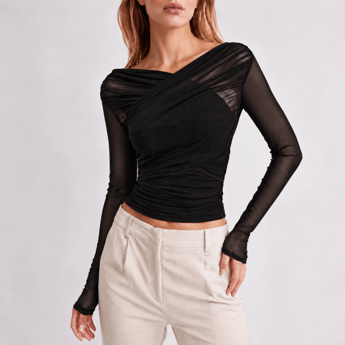 Crop Top Women Ruched Wrap Long Sleeve Sheer | Ottoline