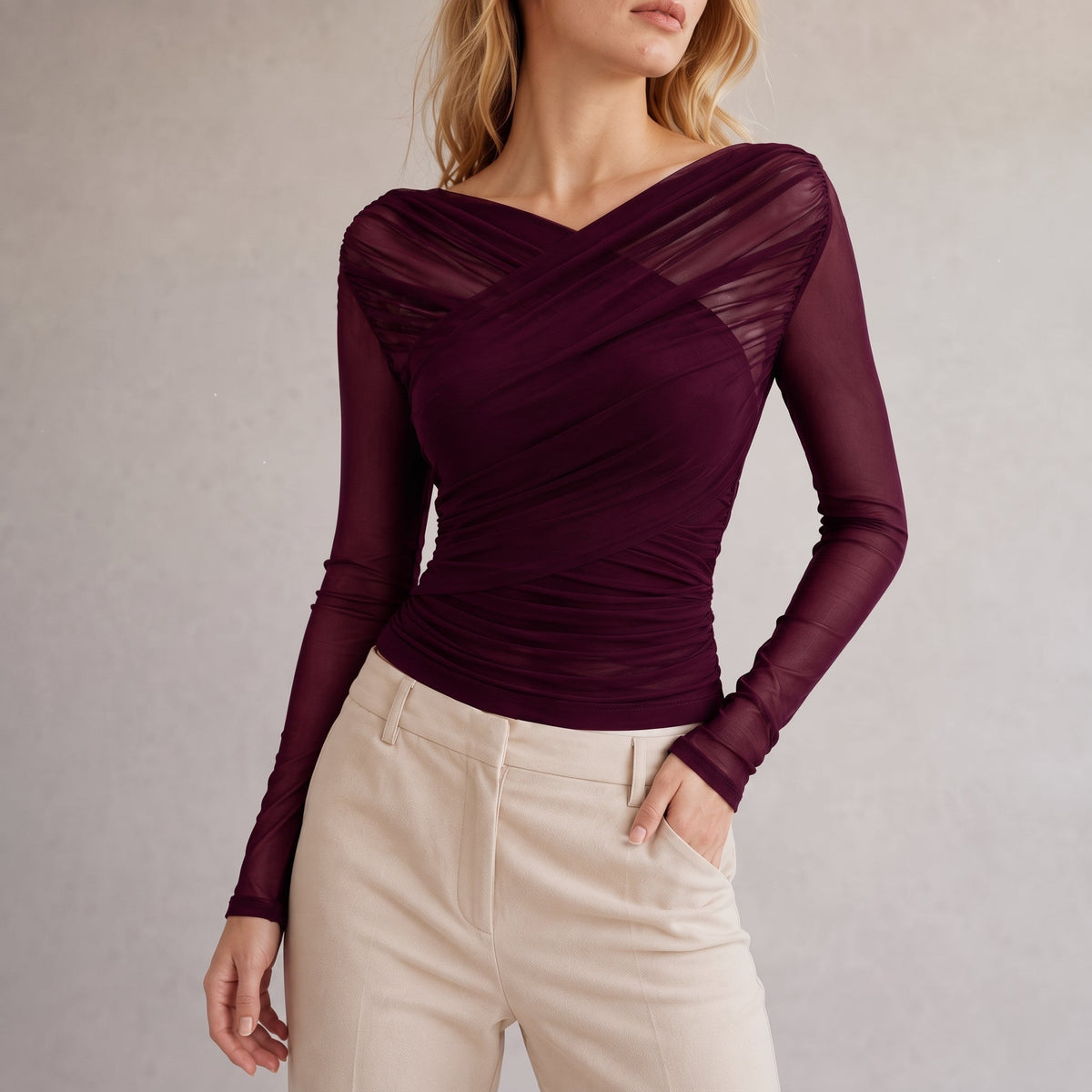 Crop Top Women Ruched Wrap Long Sleeve Sheer | Ottoline