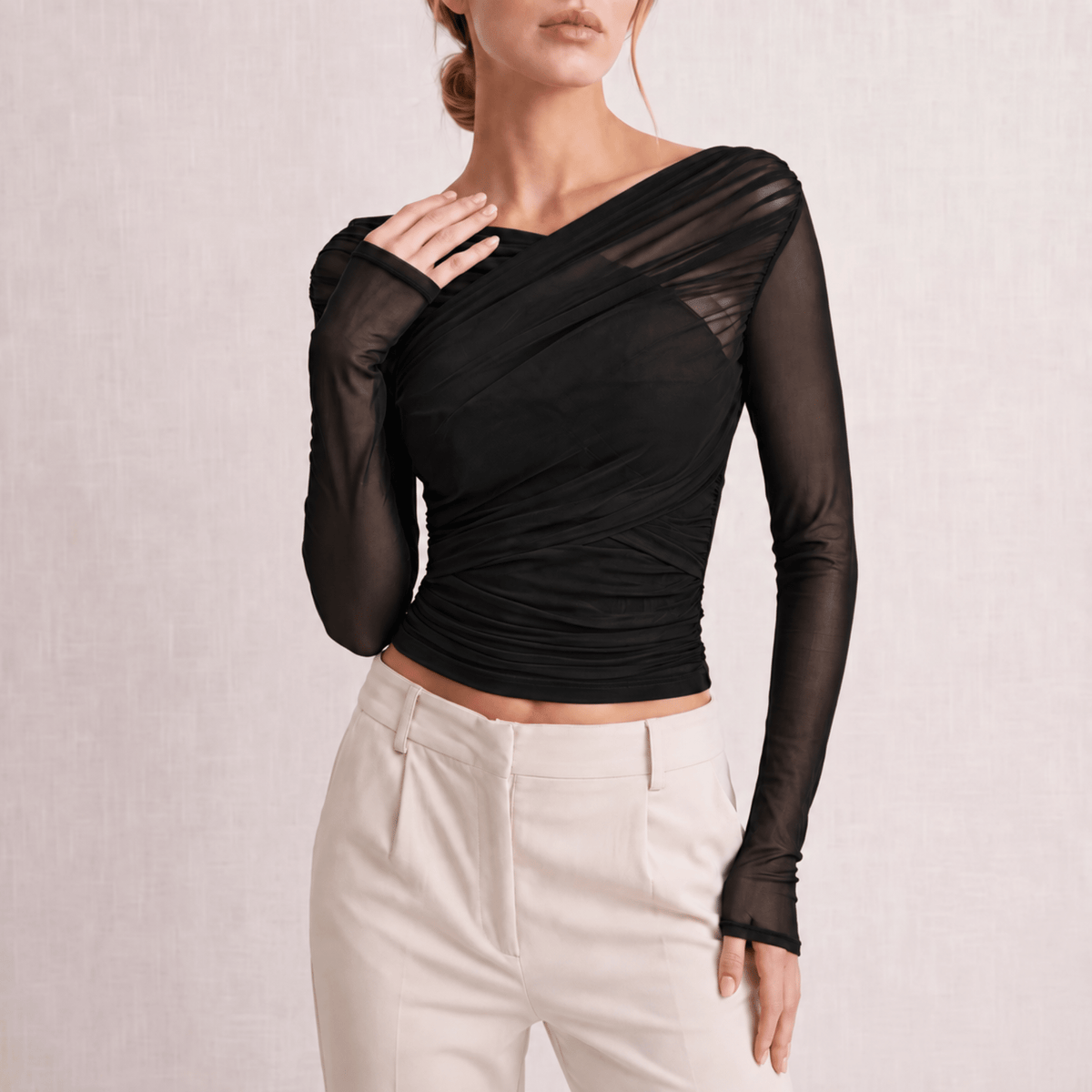 Crop Top Women Ruched Wrap Long Sleeve Sheer | Ottoline