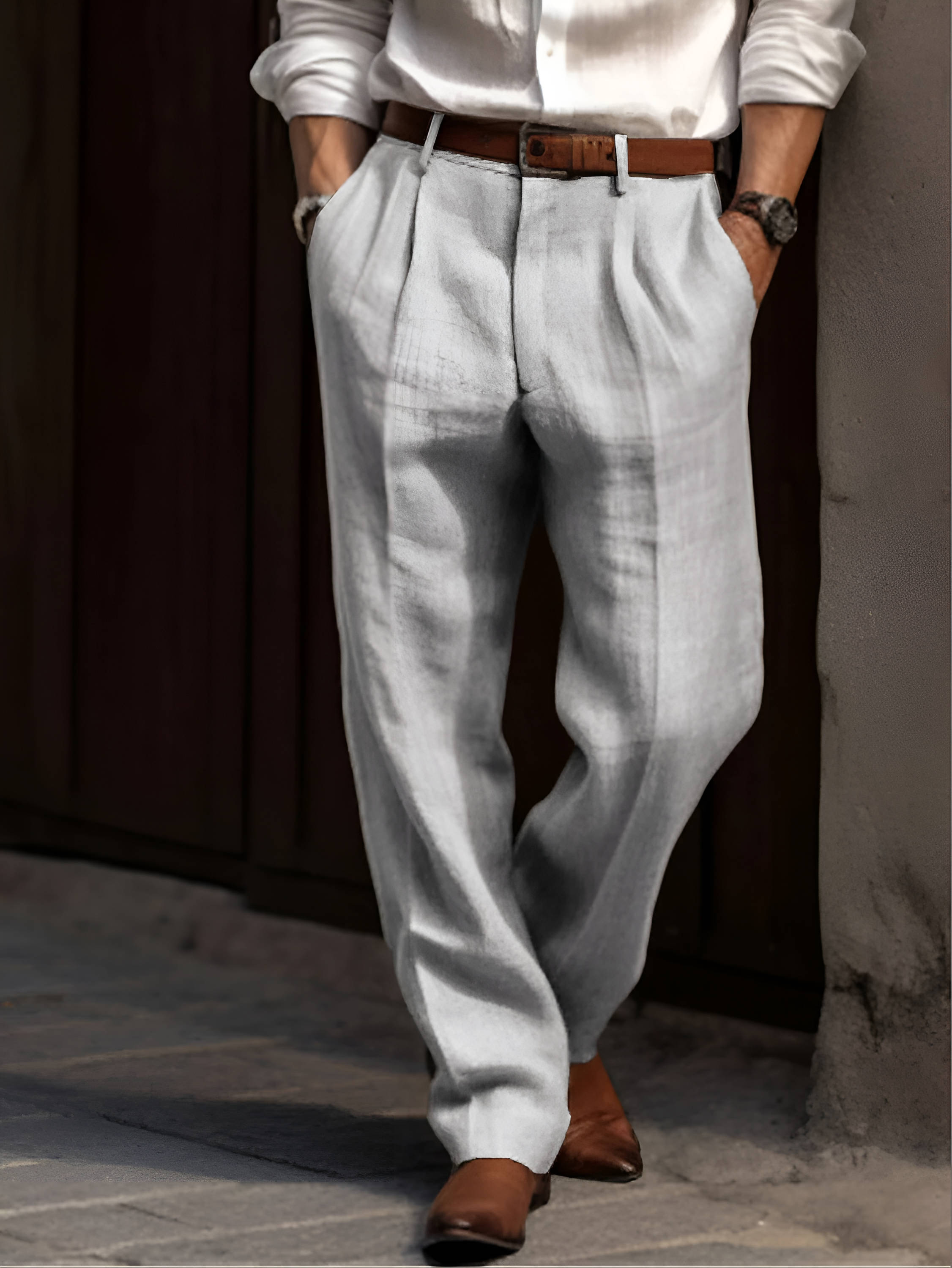 Men's pleated pants cotton elastic waist casual to semi-formal straight leg