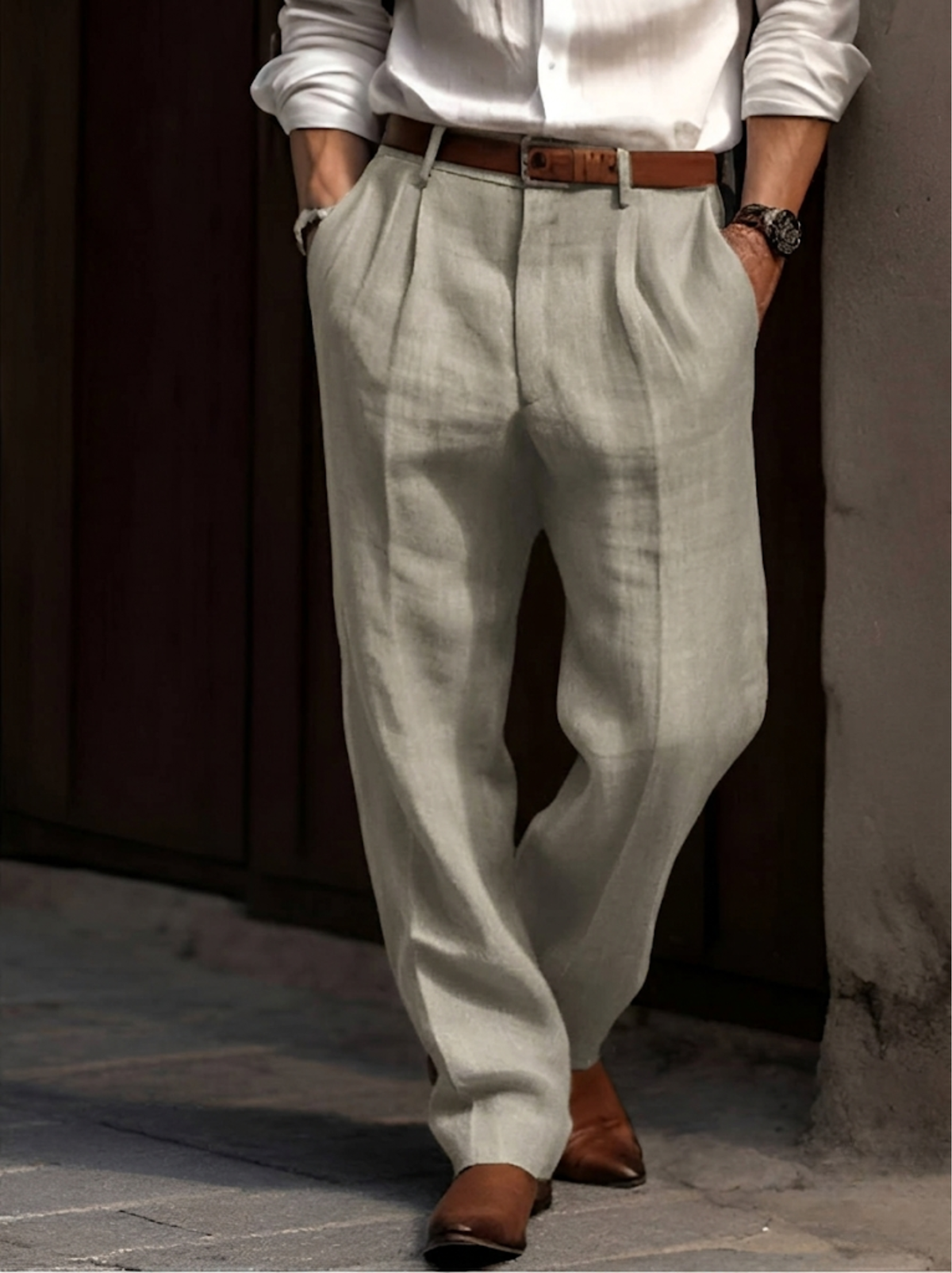Men's pleated pants cotton elastic waist casual to semi-formal straight leg