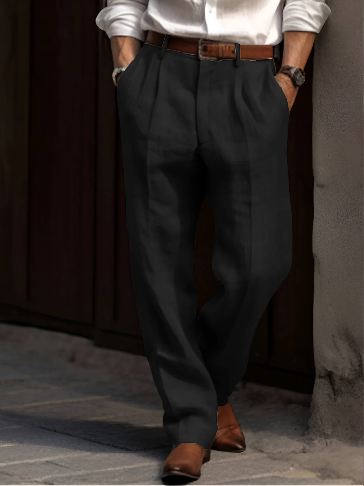 Men's pleated pants cotton elastic waist casual to semi-formal straight leg