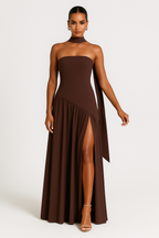 Strapless maxi dress with high front slit and asymmetric waist for women