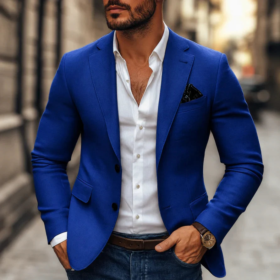 Men's slim fit two button blazer with notch lapel in Brown, Grey and Dark Blue