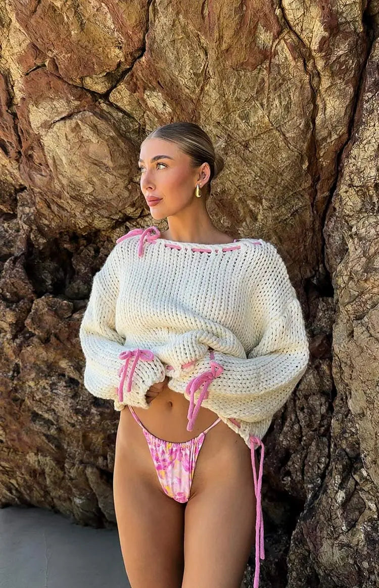 Women chunky knit pullover one shoulder with contrast bow detail