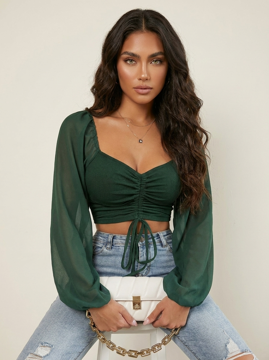 Women Crop Top Puff Sleeve Gathered Detail | Sage