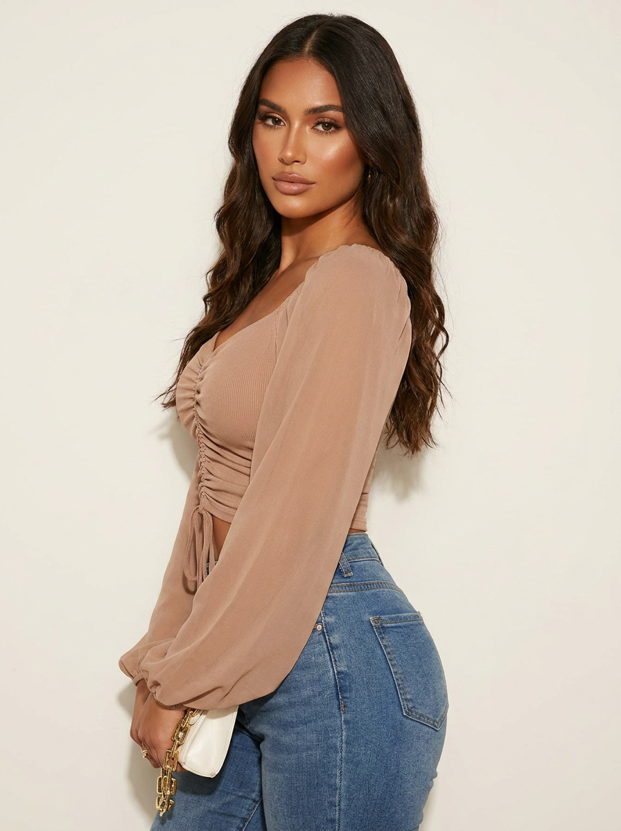 Women Crop Top Puff Sleeve Gathered Detail | Sage