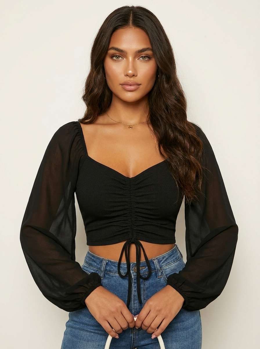 Women Crop Top Puff Sleeve Gathered Detail | Sage