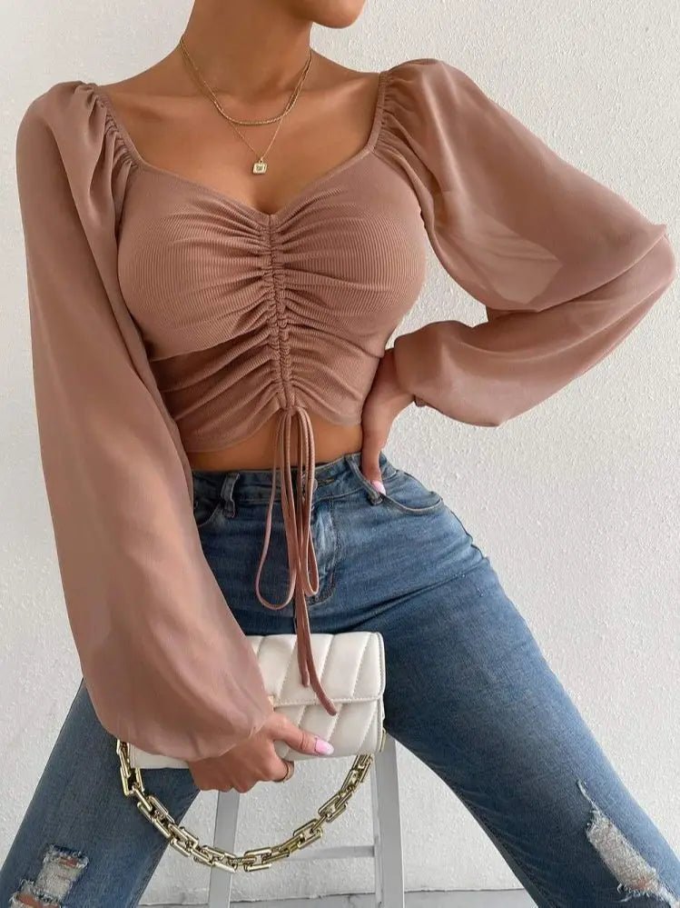 Women Crop Top Puff Sleeve Gathered Detail | Sage