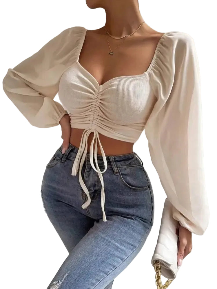 Women Crop Top Puff Sleeve Gathered Detail | Sage