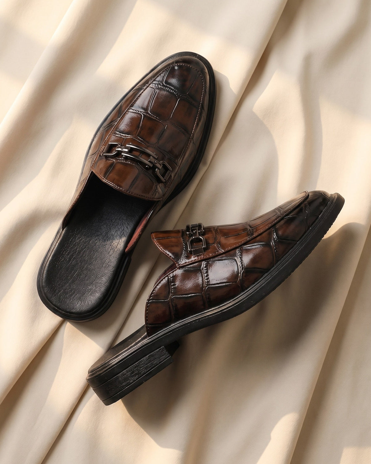 Mens Mules | Faux Leather Closed Toe | Cushioned Footbed | Flat Sole