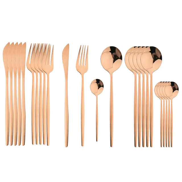 Cutlery set 24 piece stainless steel with gold accent, black white and rose handles