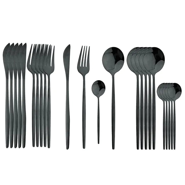 Cutlery set 24 piece stainless steel with gold accent, black white and rose handles