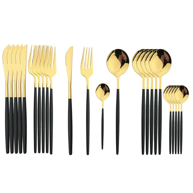 Cutlery set 24 piece stainless steel with gold accent, black white and rose handles